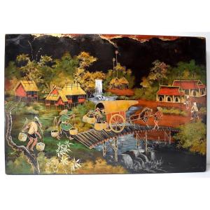 Thanh Lap Lacquer Panel Indochina Lively Peasant Scene Tonkin Vietnam Asia Ref494