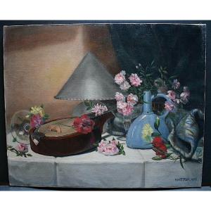Signed Mantaux 1932 Still Life Mandoline Pitcher Flowers Lamp XX Rt736