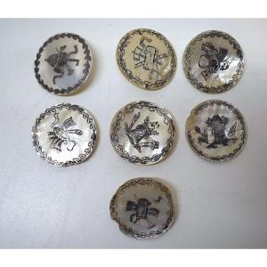 Lot Of 7 Old Nacre Button Engraved XVIII Th France 36 Mm Ref507