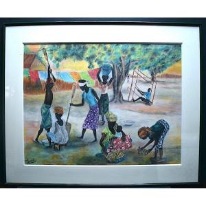 C Dreysse Africanist Oil Pastel African Village Genre Scene XX Rt803
