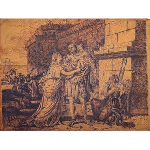 Old Drawing XIXth Century Ink And Pencil Trojan War Greek Mythologyref530