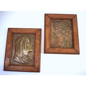Two Bas Relief In Bronze Jesus Christ And The Virgin Mary XIXth Century Christianity Ref543