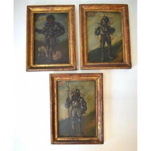 Three Knights Soldiershaute époque In Armor Oils On Wood XVII XVIII  Ref545