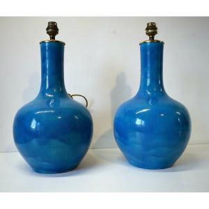 * Pair Of Chinese Blue Ceramic Vase Lamps China Style Deck Chinese Asia Ref547