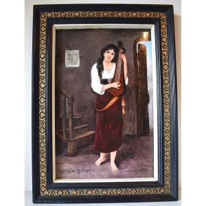 Glazed Painted Ceramic Tile Woman Zither Music Signed Camille Bellanger Ref508