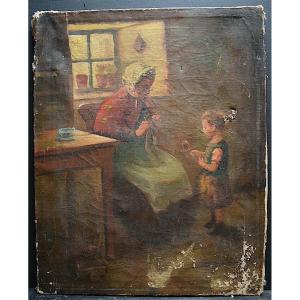 XIX Genre Scene To Restore Interior Scene Child Knitter Rt845