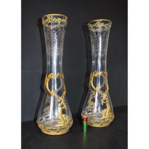 Pair Of Mounted Crystal And Bronze Vases Naiad Decor Napoleon III Empire Style Ref514