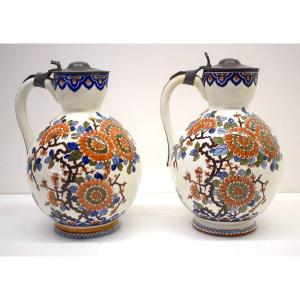 Pair Of Jug Pitcher Covered In Gien Earthenware XXth Japanese Decor Ref536