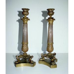 Pair Of Bronze Candlesticks With Claw Foot Empire Restoration Period Ref554