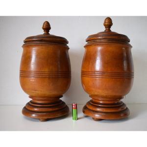 Pair Of Covered Pots In Carved Turned Wood Pharmacy Herbalist Kitchen Ref560