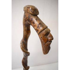 Popular Art Carved Wood Cane Tip Mounted On XVIII Or XIXth Base Ref588