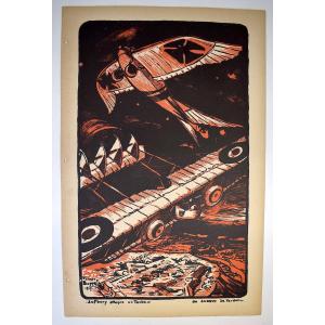 Print Maurice Busset Poster Lithograph Airplane Military Aviation War 1914 1918 Ref597