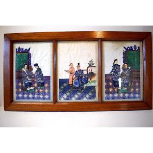 Three Chinese Gouaches Scene Of Scholar And Dignitary China XIXth Rice Paper Rt880