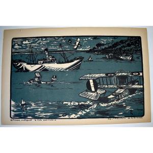 Print Maurice Busset Poster Lithograph Airplane Aviation Military War 1914 1918 Ref622