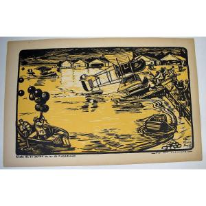 Print Maurice Busset Poster Lithograph Airplane Military Aviation War 1914 1918 Ref624