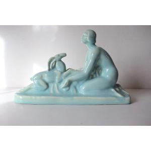 Art Deco Blue Cracked Ceramic Nude Woman And Deer Circa 1925 Ref630