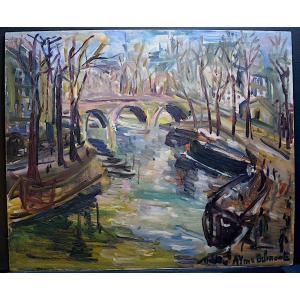 Odette Ayme Belmonte Post-impressionist Landscape Bridge River Paris XX 1950s Rt887