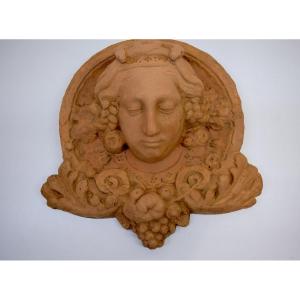 Mascaron Top Door Terracotta Woman's Head Art Nouveau In Antique 1900 Ref644