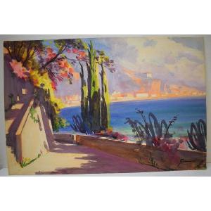 * Watercolor View Of Menton Riviera Mediterranean Marine Landscape Signed Gianni Rd03