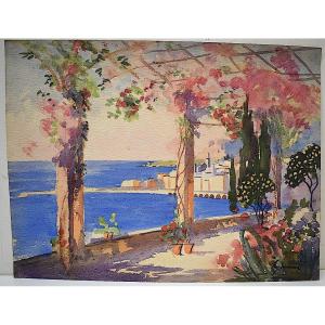 * Watercolor View Of Menton Riviera Mediterranean Marine Landscape Signed Gianni Rd04