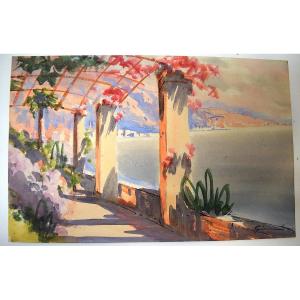 * Watercolor View Of Menton Riviera Mediterranean Marine Landscape Signed Gianni Rd06