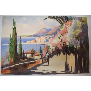 * Watercolor View Of Menton Riviera Mediterranean Marine Landscape Signed Gianni Rd07