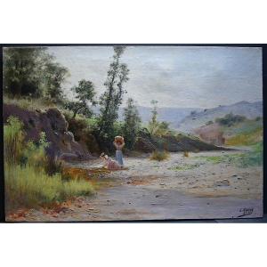 Signed Magnien Washerwomen Impressionist Country Scene XIX XX Th Rt924