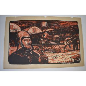 Print Maurice Busset Poster Lithograph Airplane Aviation Military War 1914 1918 Ref683