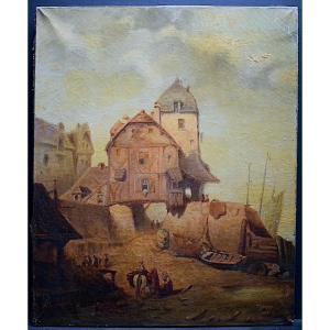 Northern School Port Scene Fishing Village Signed To Identify XIXth Rt930