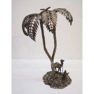 Orientalist Bronze Vienna Style Bergman Bedouin And His Dromedary Under A Palm Tree Ref694