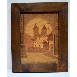Marquetry Painting View Of Marbach Abbey In Alsace Signed Ref:699