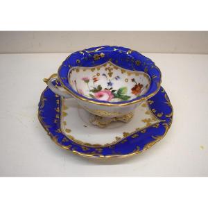 Tasse Sous Tasse En Porcelaine De Paris Style Rocaille à Décor  Floral  Bleu Et Or Ref703
