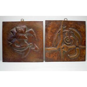 Two Panels In Copper Dinanderie Modern Art Signed Chaumette 1972 Ref740