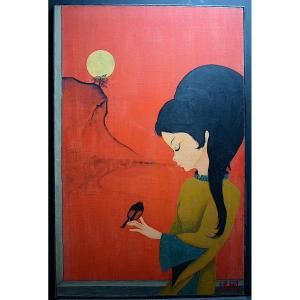 Signed Vu Van Vietnamese Artist Vietnam Portrait Young Girl With Bird XXth Asia  Rt978