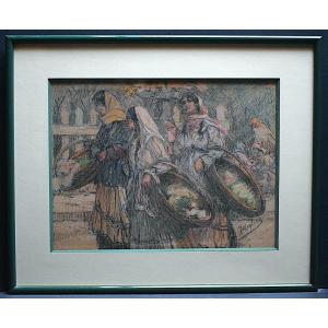 Jean Neylies Pastel Orientalist Romania Women At The Market Rt994