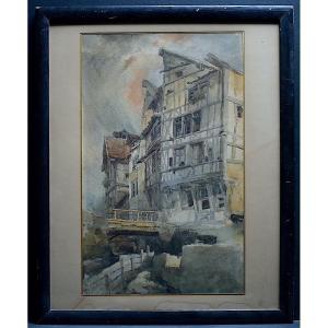 Half-timbered Houses Watercolor XIX Monogram Workshop Stamp To Identify XIXth Rt1001