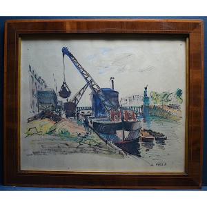 Charles Feola Watercolor Paris Montmartre Quai De Seine XX Boat Rt1004