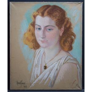 Anne Faure Signed Portrait Young Girl Pastel Dated 1947 XX Rt1006