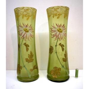 *  Théodore Legras Pair Of Enameled Art Nouveau Vases Marguerite And Mistletoe Decor Ref763 