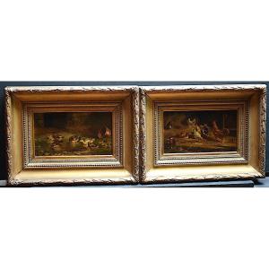 Signed Godefroy Basse - Cour Ferme Ducks Hens Rooster XIXth Century Rt1013