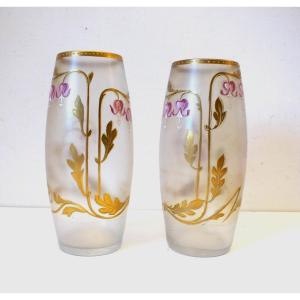 Pair Of Art Nouveau Enameled Glass Vases Decorated With Flowers Monogram E. G Gallé Ref782