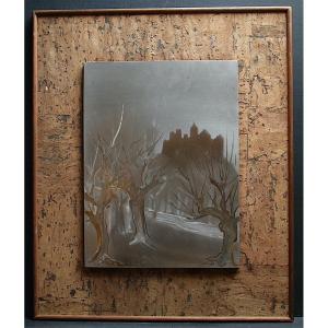 Mick Micheyl Engraved Steel Landscape Mixed Techniques 20th Century 70s Sculpture Rt1157