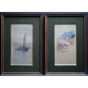 Indochina China Asia Monogram S.hm Pair Watercolor Marine XXth Rt1168