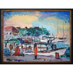 Mediterranean Sea Port Scene Post Impressionist Signed To Identify 60s Rt1204