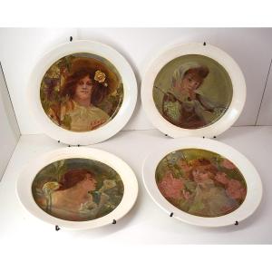 Four Hand Painted Earthenware Dishes Art Nouveau Woman The 4 Seasons Signed Vinchon Ref1036