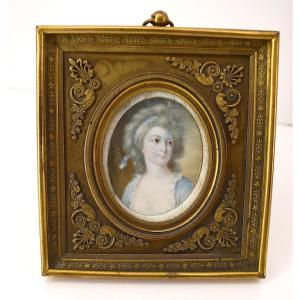 Miniature: Gilt Bronze Frame And Portrait Of A Young Woman, Empire Period Ref1058