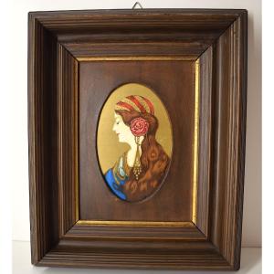 Chromolithograph Miniature Young Woman In Profile Art Nouveau Circa 1900 Ref1108