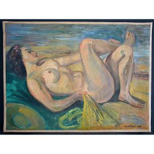 Nude Lying Young Girl Beach Signed Mh Deck Dated 1952 XXth Rt1169