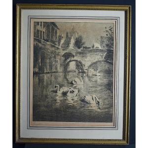Print Quai Des Ménétriers In Bruges Swans Belgium Signed To Identify Rt1227