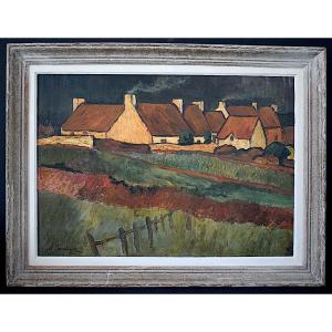 Alluaud Signed Landscape Brittany Normandy Vendée Thatched Cottages 20th Century Rt1234